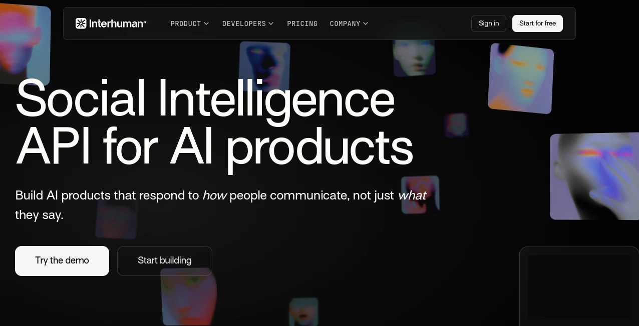 Screenshot of Interhuman AI – An AI tool in the ,AI API Design ,AI Developer Tools ,AI Customer Service Assistant ,AI Meeting Assistant  category, showcasing its interface and key features.
