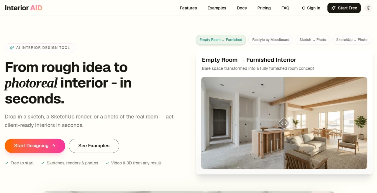 Screenshot of Interior AID – An AI tool in the ,AI Design Generator ,AI Interior & Room Design ,AI Design Assistant ,AI Image to 3D Model  category, showcasing its interface and key features.