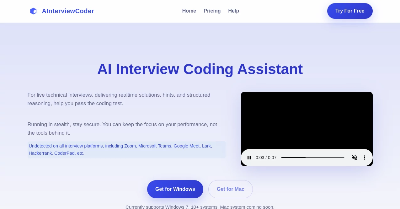 Screenshot of AInterviewCoder – An AI tool in the ,AI Code Assistant ,AI Code Generator ,AI Interview Assistant ,AI Code Explanation  category, showcasing its interface and key features.