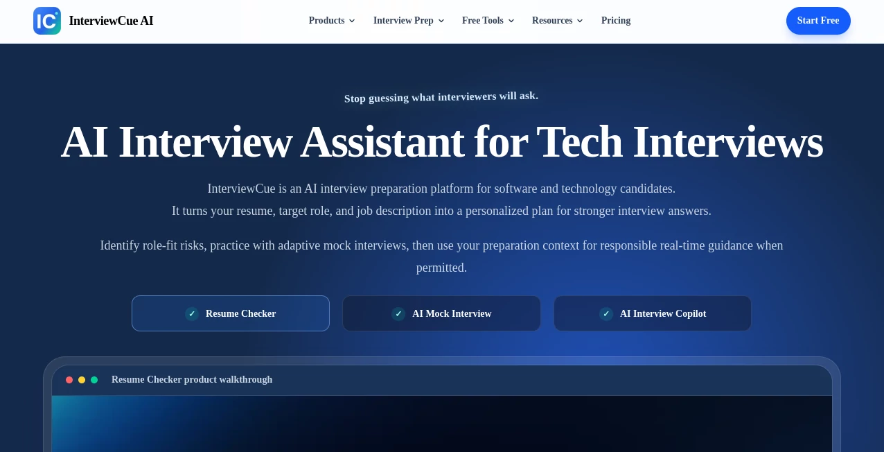 Screenshot of InterviewCue AI – An AI tool in the ,AI Life Assistant ,AI Interview Assistant ,AI Recruiting ,AI Resume Builder  category, showcasing its interface and key features.