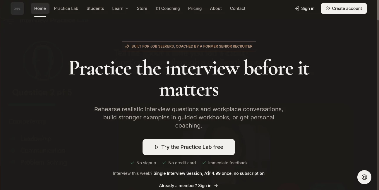 Screenshot of Interview Practice Lab – An AI tool in the ,AI Interview Assistant ,AI Recruiting ,AI Coaching ,Life Assistant  category, showcasing its interface and key features.