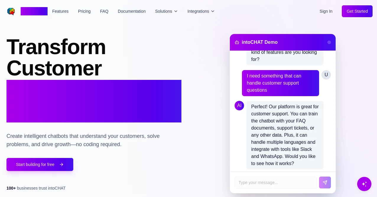 Screenshot of intoCHAT – An AI tool in the ,AI No-Code & Low-Code ,AI Customer Service Assistant ,AI Team Collaboration ,AI Chatbot  category, showcasing its interface and key features.