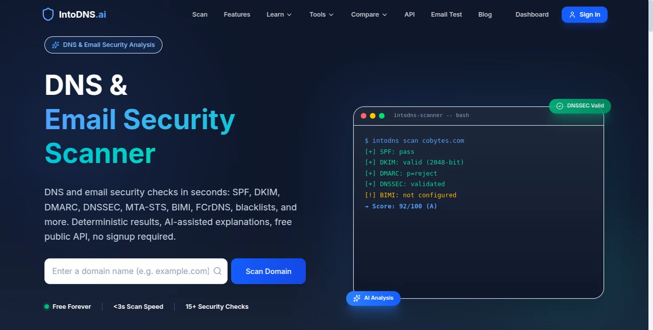 Screenshot of IntoDNS.AI – An AI tool in the ,AI SEO Assistant ,AI Research Tool ,AI Analytics Assistant ,AI Developer Tools  category, showcasing its interface and key features.