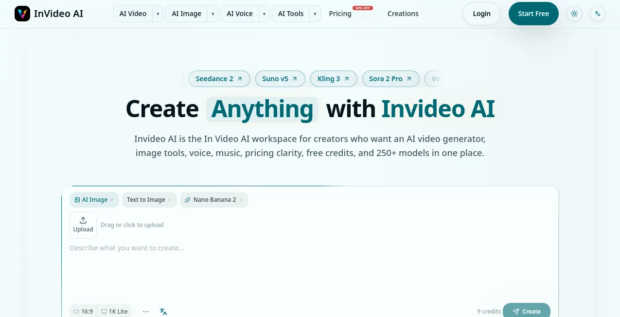 Screenshot of InVideo AI – An AI tool in the ,AI Image to Video ,AI Video Generator ,AI Text to Video ,AI Text to Image  category, showcasing its interface and key features.