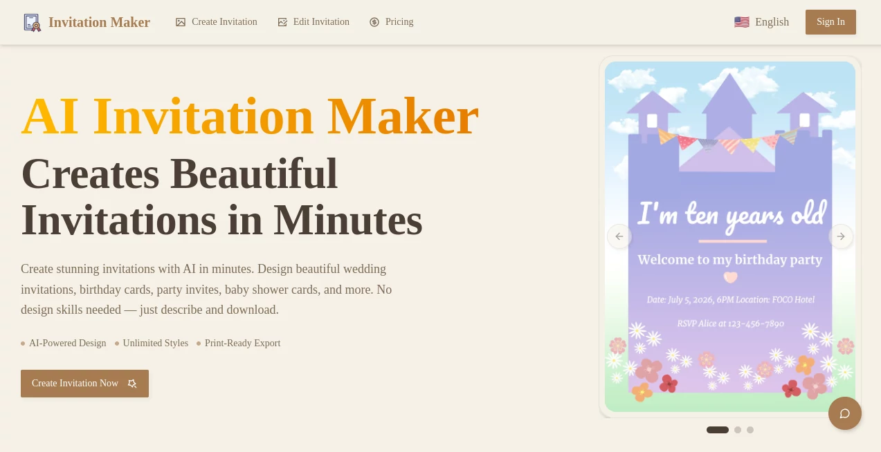 Screenshot of Invitation Maker AI – An AI tool in the ,AI Website Designer ,AI Banner Generator ,AI Design Generator ,AI Graphic Design  category, showcasing its interface and key features.
