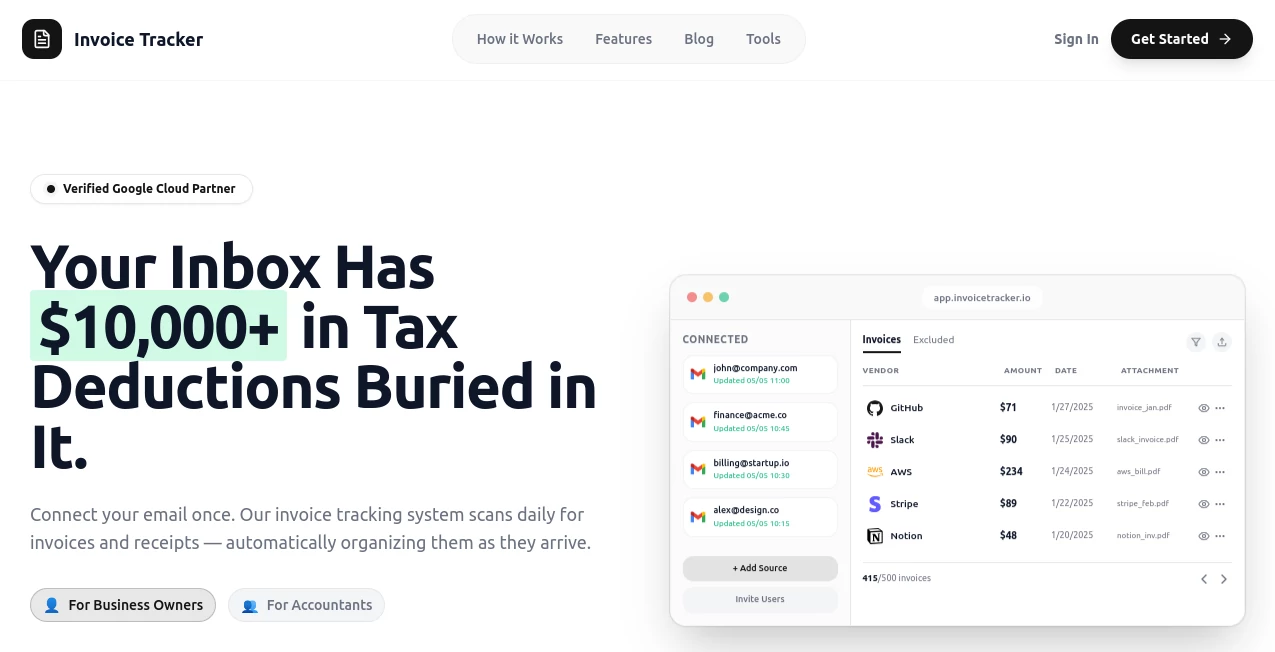 Screenshot of Invoice Tracker – An AI tool in the ,AI Documents Assistant ,AI Accounting Assistant ,AI Productivity Tools  category, showcasing its interface and key features.