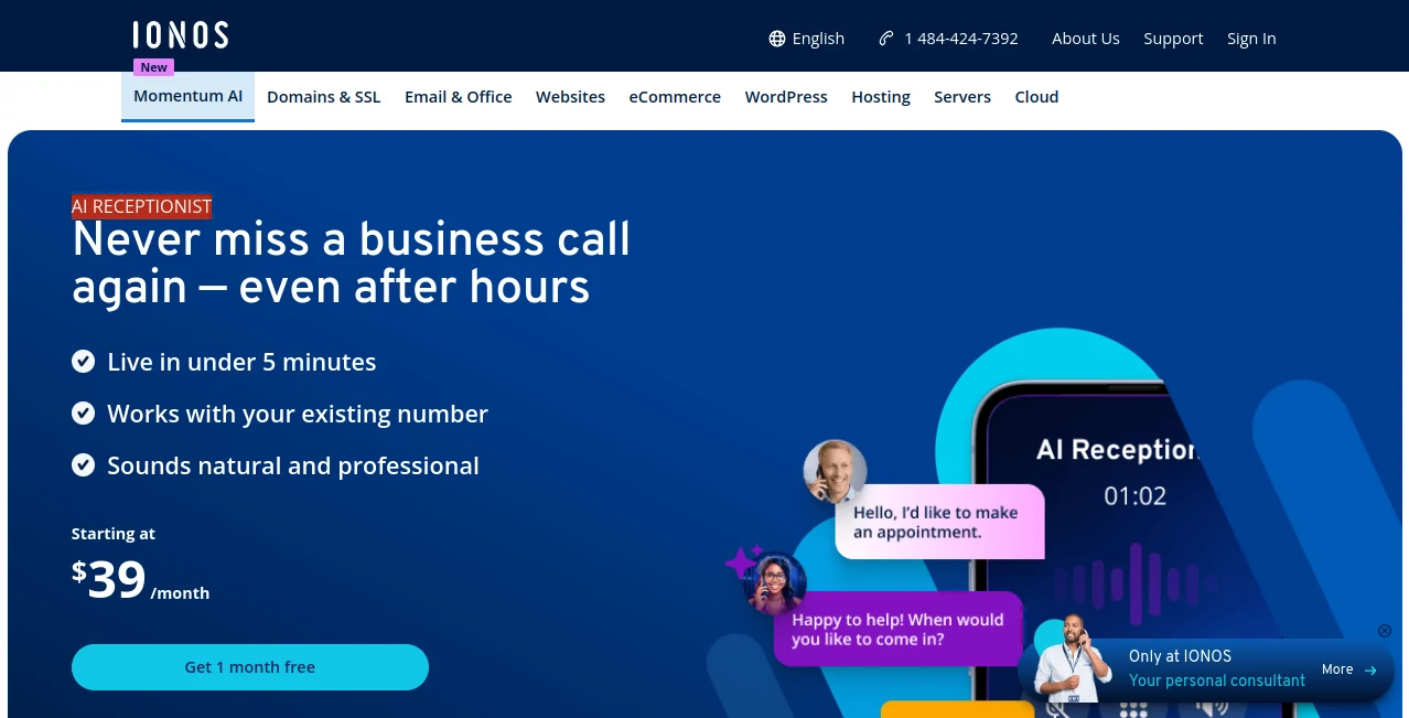 Screenshot of IONOS | AI Receptionist – An AI tool in the ,AI Scheduling ,AI Customer Service Assistant ,AI Voice Assistants  category, showcasing its interface and key features.