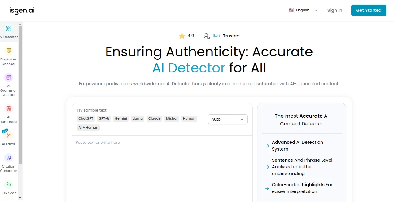 Screenshot of isgen.ai – An AI tool in the ,AI Detector ,AI Plagiarism Checker ,AI Grammar Checker ,AI Content Detector  category, showcasing its interface and key features.