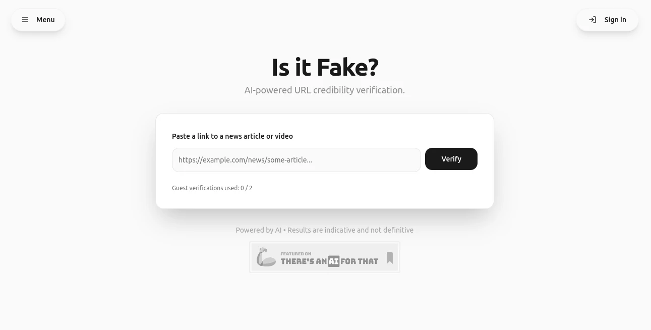 Screenshot of Is it Fake? – An AI tool in the ,AI Search Engine ,AI Research Tool ,AI Content Detector ,AI Education Assistant  category, showcasing its interface and key features.