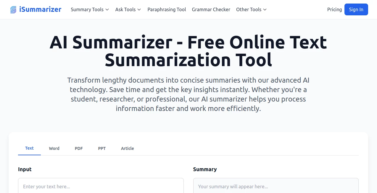 Screenshot of iSummarizer – An AI tool in the ,AI Summarizer ,AI Research Tool ,AI Productivity Tools ,AI Documents Assistant  category, showcasing its interface and key features.