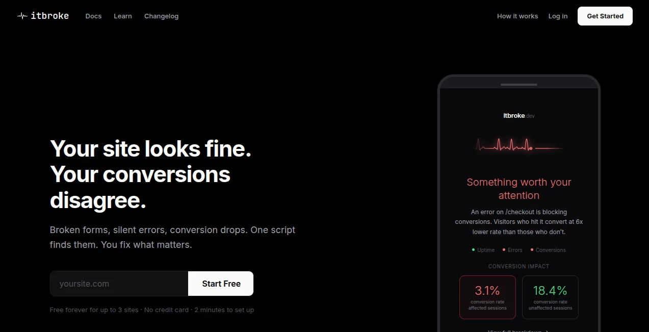 Screenshot of itbroke.dev – An AI tool in the ,AI SEO Assistant ,AI Analytics Assistant ,AI Developer Tools  category, showcasing its interface and key features.