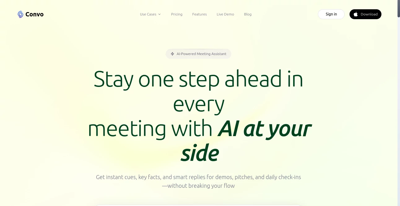 Screenshot of Convo – An AI tool in the ,AI Productivity Tools ,AI Coaching ,AI Meeting Assistant ,AI Notes Assistant  category, showcasing its interface and key features.