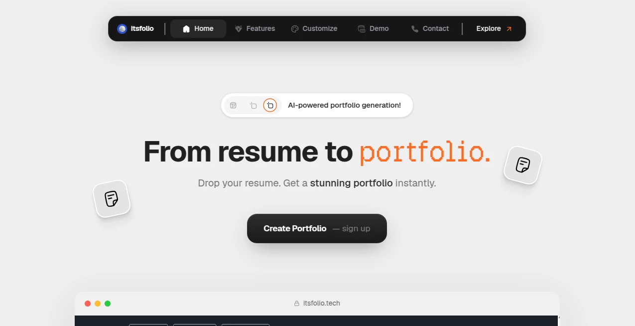 Screenshot of itsfolio – An AI tool in the ,AI Design Generator ,AI Graphic Design ,AI Design Assistant ,AI Website Designer  category, showcasing its interface and key features.