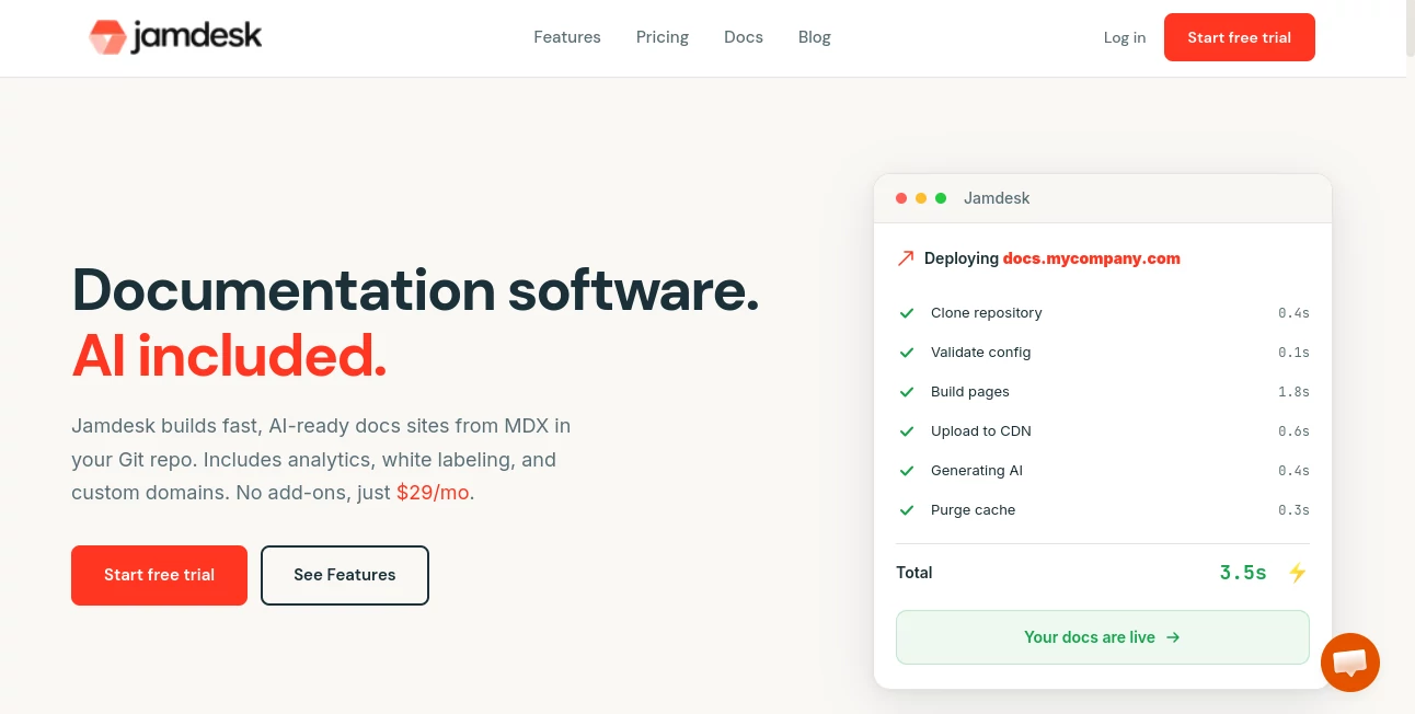 Screenshot of Jamdesk – An AI tool in the ,AI Knowledge Base ,AI API Design ,AI Developer Docs ,AI Developer Tools  category, showcasing its interface and key features.