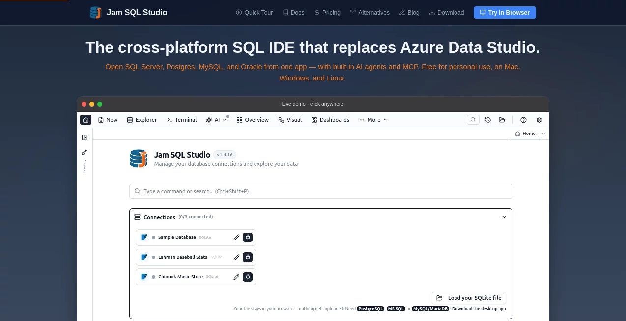Screenshot of Jam SQL Studio – An AI tool in the ,AI Code Assistant ,AI SQL Query Builder ,AI Developer Docs ,AI Developer Tools  category, showcasing its interface and key features.