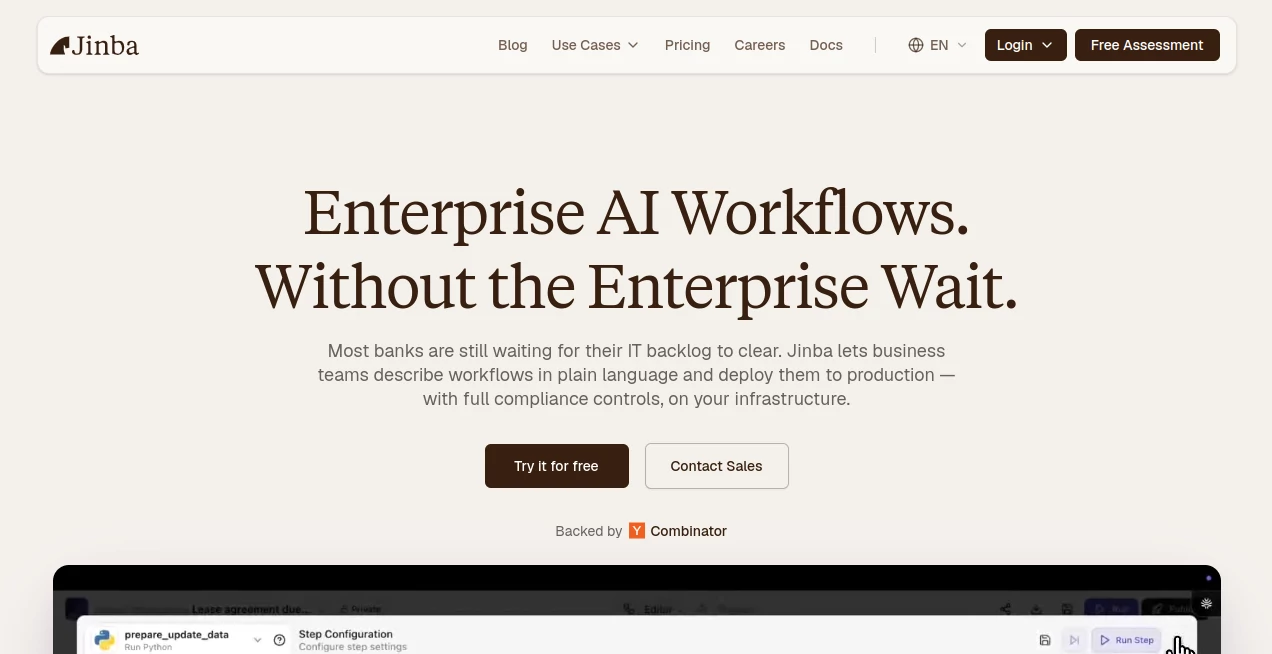 Screenshot of Jinba – An AI tool in the ,AI Workflow Management ,AI No-Code & Low-Code ,AI Productivity Tools ,AI Developer Tools  category, showcasing its interface and key features.
