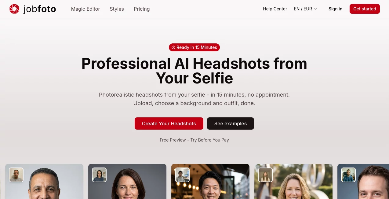 Screenshot of Jobfoto – An AI tool in the ,AI Selfie & Portrait ,Photo & Image Editor ,AI Photo Enhancer ,AI Image to Image  category, showcasing its interface and key features.