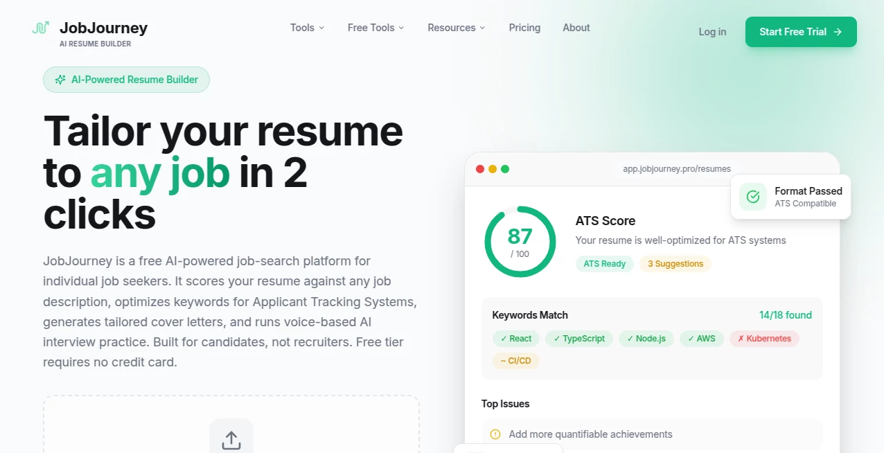 Screenshot of JobJourney – An AI tool in the ,AI Productivity Tools ,AI Interview Assistant ,AI Resume Builder  category, showcasing its interface and key features.