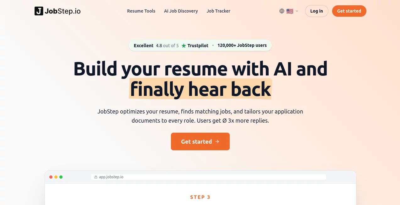 Screenshot of JobStep – An AI tool in the ,AI Recruiting ,AI Resume Builder ,AI Cover Letter Generator  category, showcasing its interface and key features.