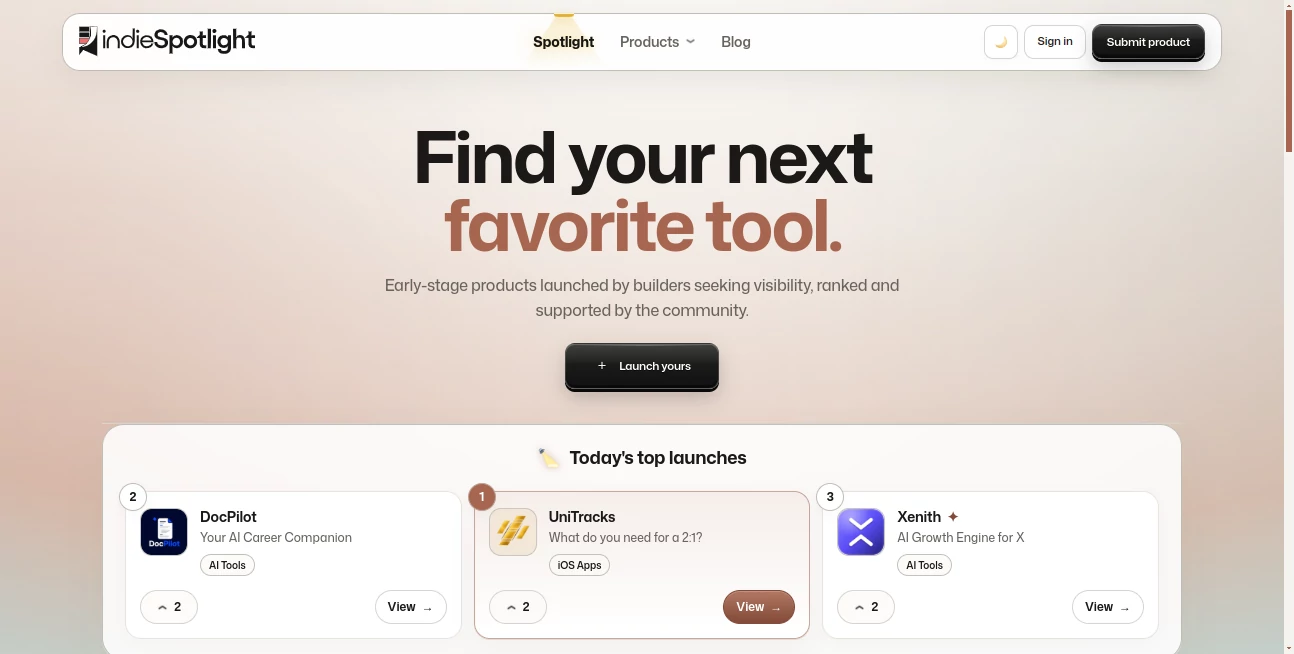 Screenshot of indieSpotlight – An AI tool in the ,AI Tools Directory  category, showcasing its interface and key features.