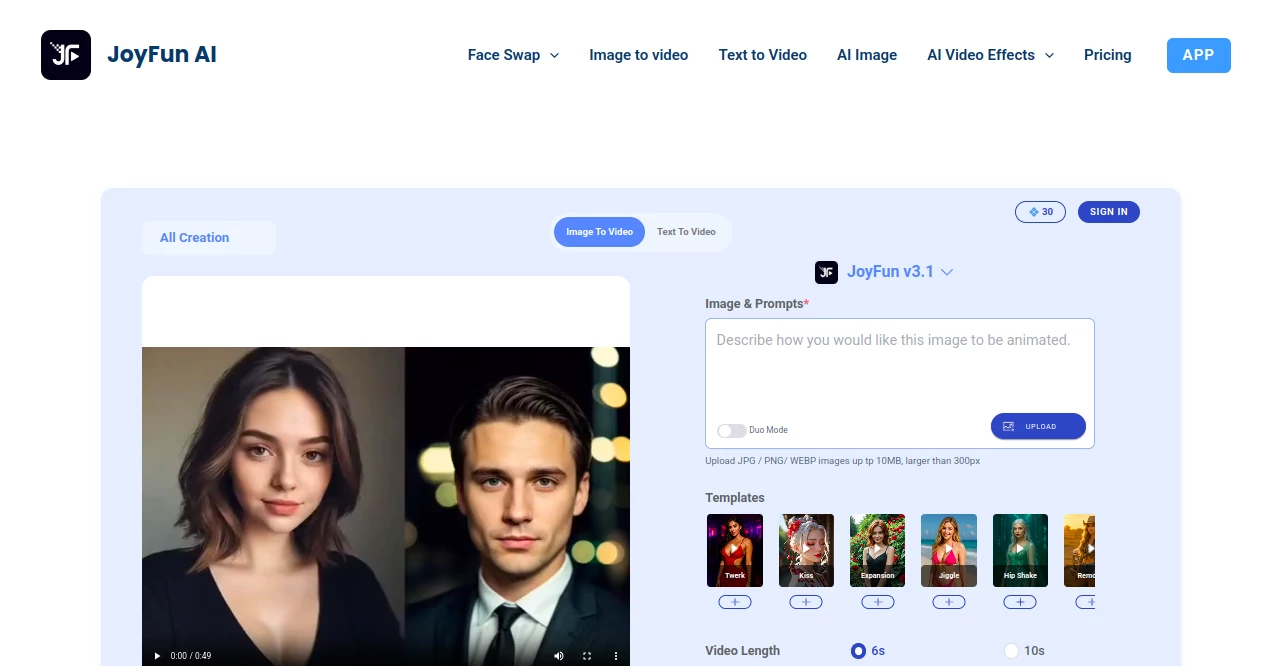 Screenshot of JoyFun AI – An AI tool in the ,AI Face Swap Generator ,AI Animated Video ,AI Image to Video ,AI Video Generator  category, showcasing its interface and key features.