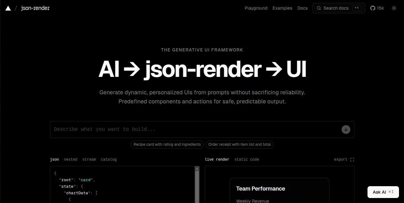 Screenshot of json-render – An AI tool in the ,AI Code Generator ,AI API Design ,AI Developer Tools ,Code & IT  category, showcasing its interface and key features.