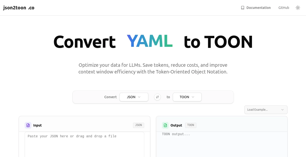 Screenshot of JSON2TOON – An AI tool in the ,AI Data Mining ,AI API Design ,AI Developer Tools ,AI Research Tool  category, showcasing its interface and key features.