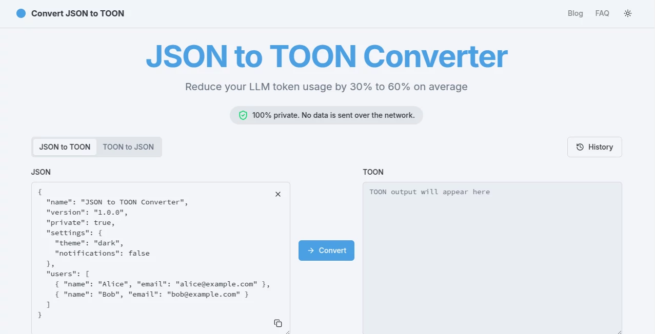 Screenshot of JSON to TOON Converter – An AI tool in the ,AI Research Tool ,AI Developer Tools ,AI API Design  category, showcasing its interface and key features.