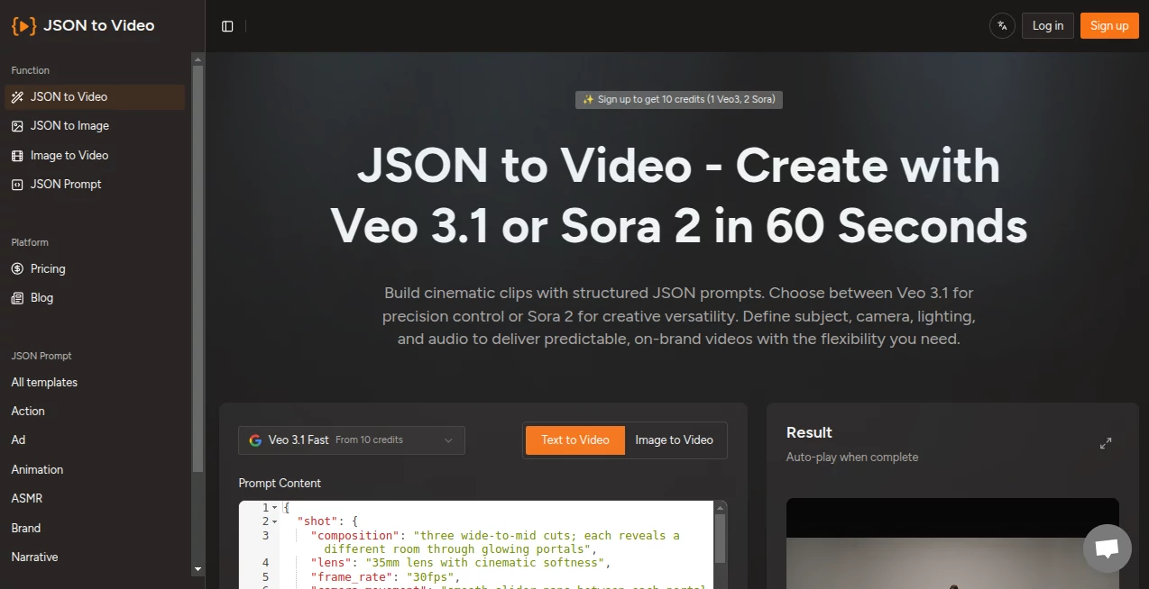 Screenshot of JSON to Video – An AI tool in the ,AI Video Editor ,AI Text to Video ,AI Personalized Video Generator ,AI Video Generator  category, showcasing its interface and key features.