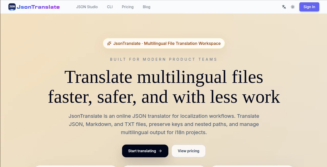 Screenshot of JsonTranslate – An AI tool in the ,AI Translate ,AI Developer Tools  category, showcasing its interface and key features.