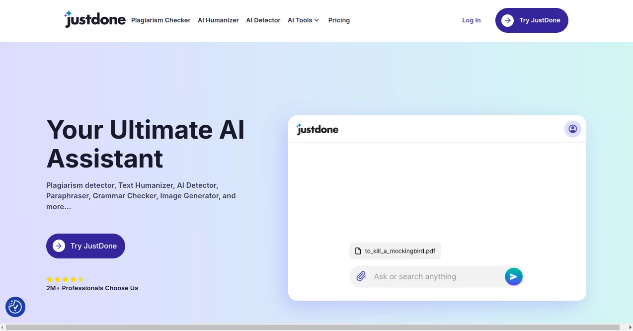 Screenshot of JustDone – An AI tool in the ,AI Checker Essay ,AI Plagiarism Checker ,AI Grammar Checker ,AI Content Detector  category, showcasing its interface and key features.