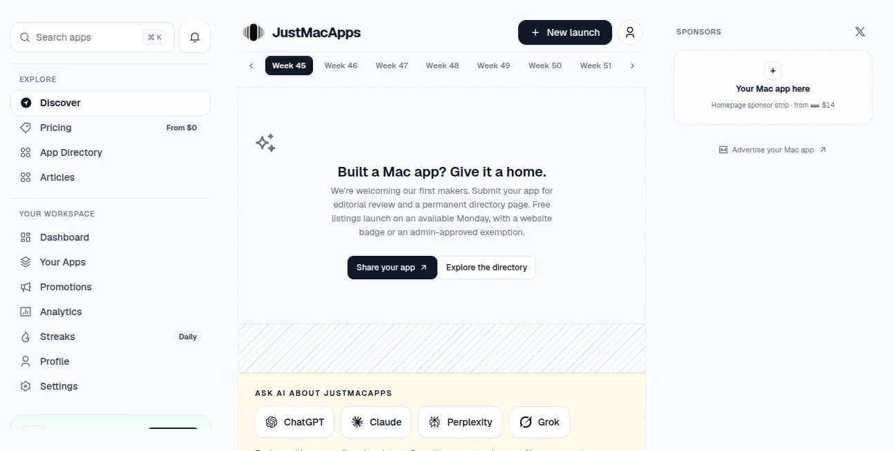 Screenshot of Just MAC Apps – An AI tool in the ,AI Developer Tools ,Business  category, showcasing its interface and key features.
