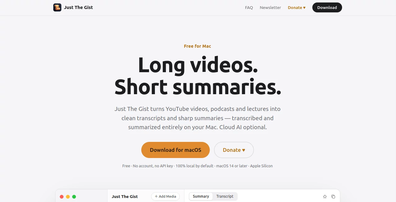 Screenshot of Just The Gist – An AI tool in the ,AI Summarizer ,AI Transcription ,AI Speech to Text ,AI Podcast Assistant  category, showcasing its interface and key features.