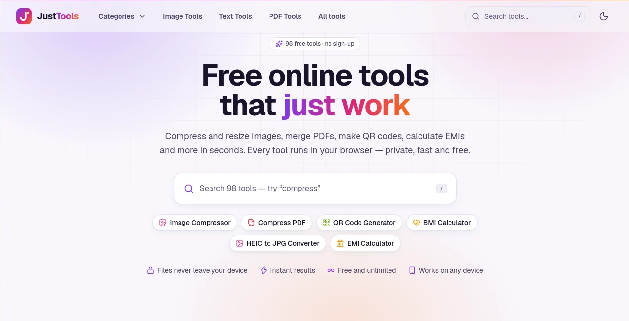 Screenshot of JustTools – An AI tool in the ,Productivity  category, showcasing its interface and key features.