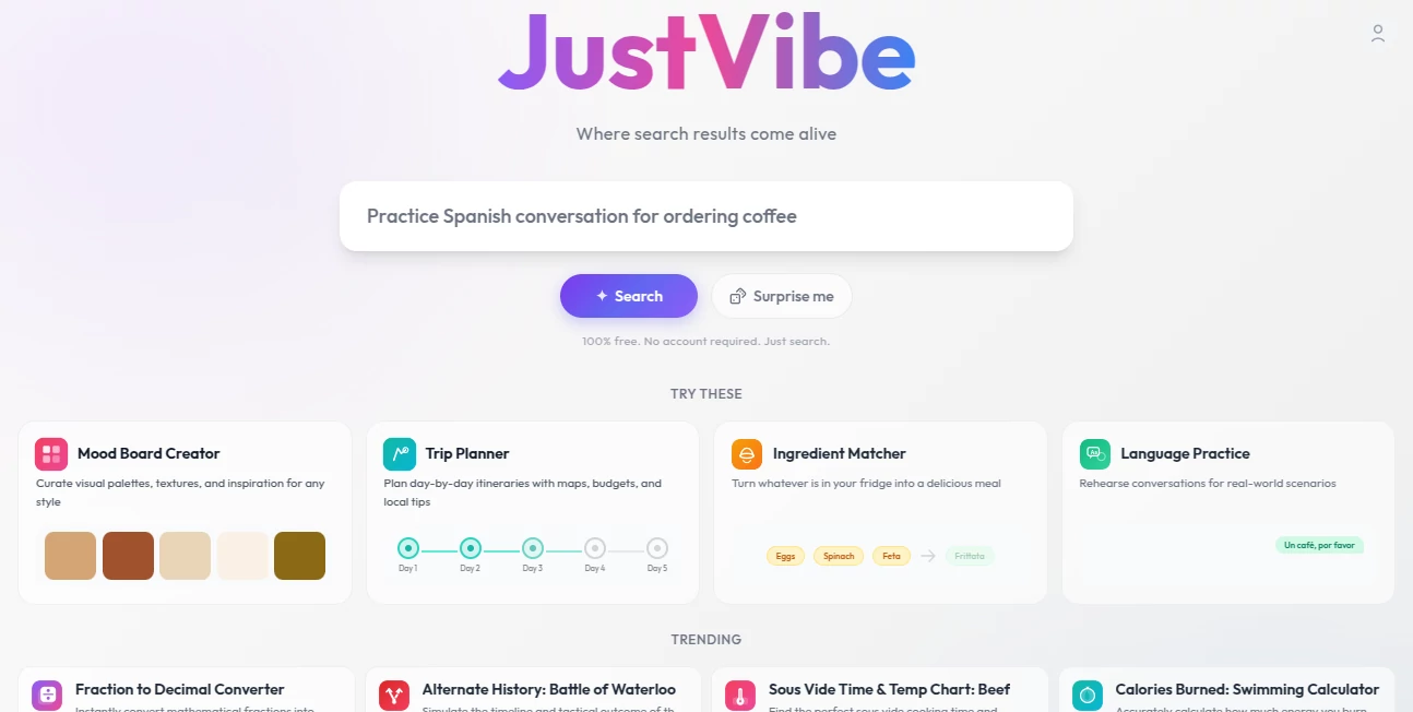 Screenshot of JustVibe – An AI tool in the ,AI App Builder ,AI Productivity Tools ,AI Trip Planner ,AI Search Engine  category, showcasing its interface and key features.