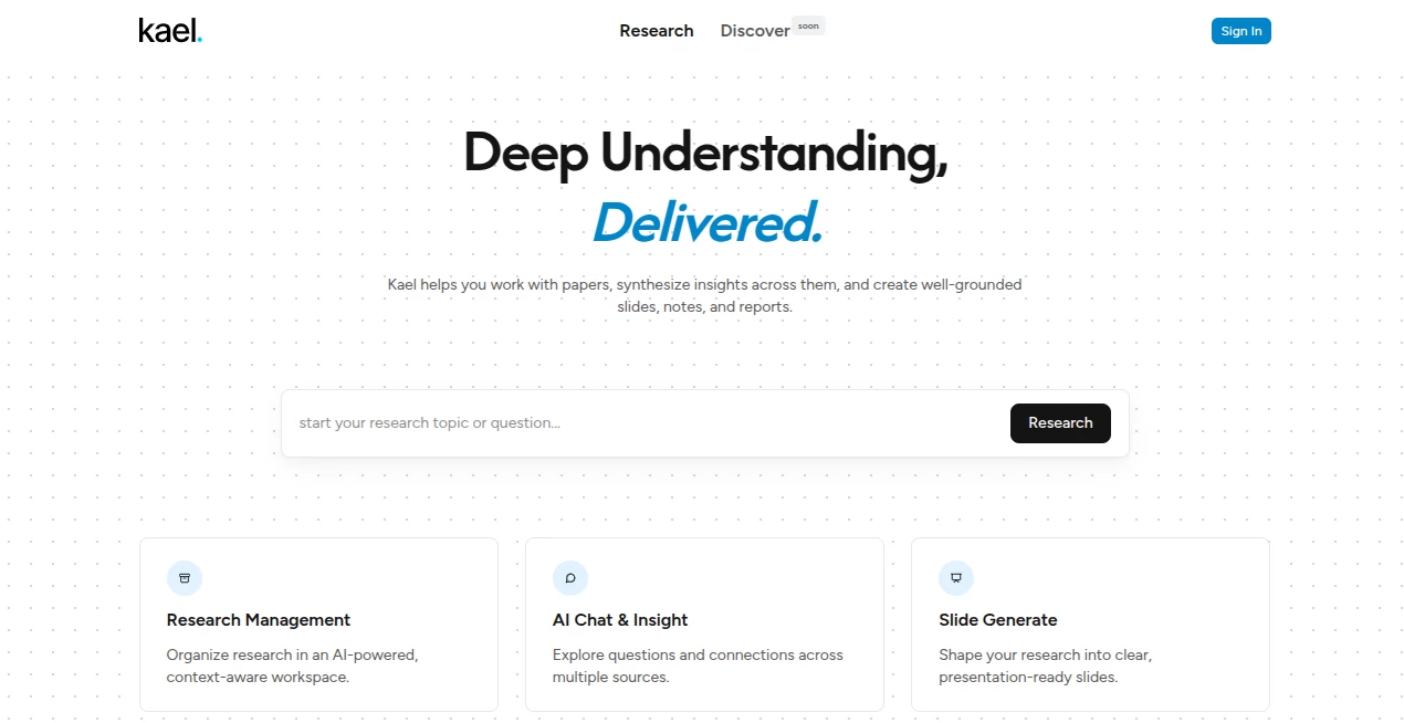Screenshot of Kael – An AI tool in the ,AI Documents Assistant ,AI Productivity Tools ,AI Research Tool ,AI Notes Assistant  category, showcasing its interface and key features.
