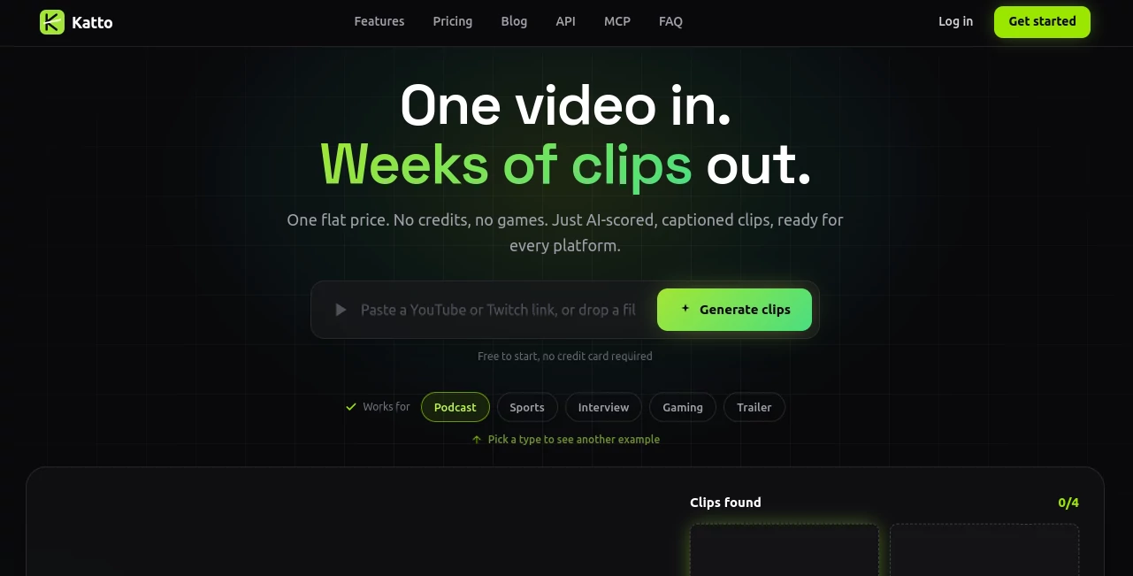 Screenshot of Katto – An AI tool in the ,AI Video Editor ,AI Short Clips Generator ,AI Captions or Subtitle  category, showcasing its interface and key features.