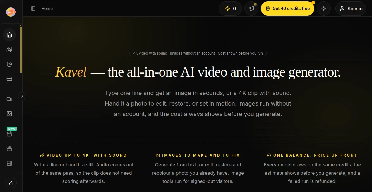 Screenshot of Kavel – An AI tool in the ,AI Photo & Image Generator ,AI Image to Video ,AI Video Generator ,AI Text to Image  category, showcasing its interface and key features.