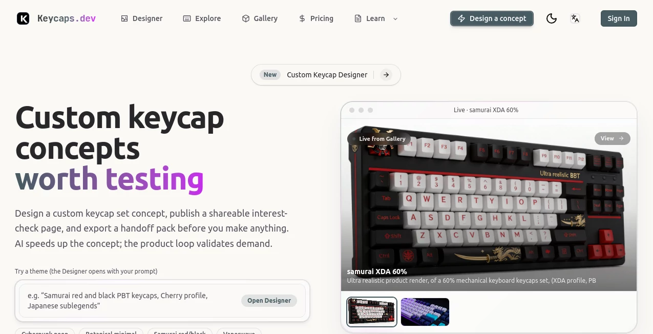 Screenshot of Keycaps – An AI tool in the ,AI Design Generator ,AI Graphic Design ,AI Design Assistant ,AI Productivity Tools  category, showcasing its interface and key features.