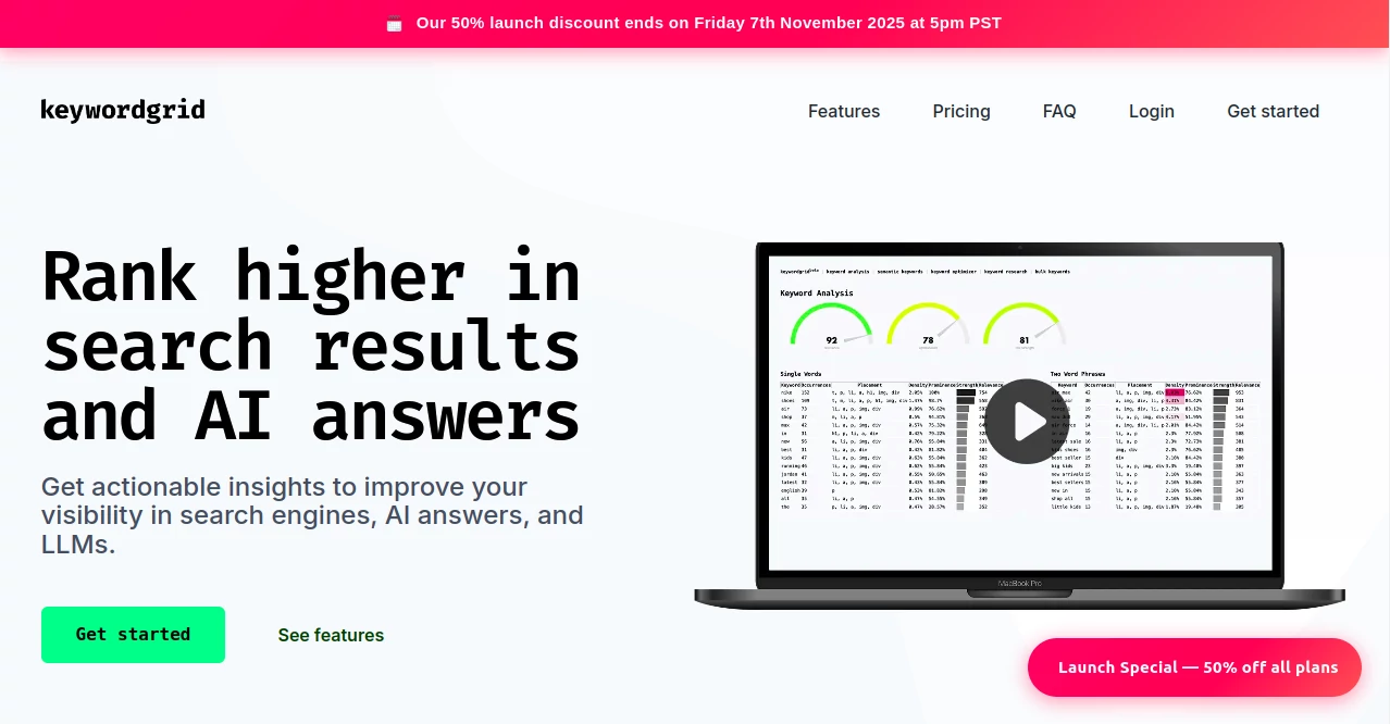 Screenshot of Keyword Grid – An AI tool in the ,AI SEO Assistant ,AI Content Generator ,AI Research Tool ,AI Marketing Plan Generator  category, showcasing its interface and key features.