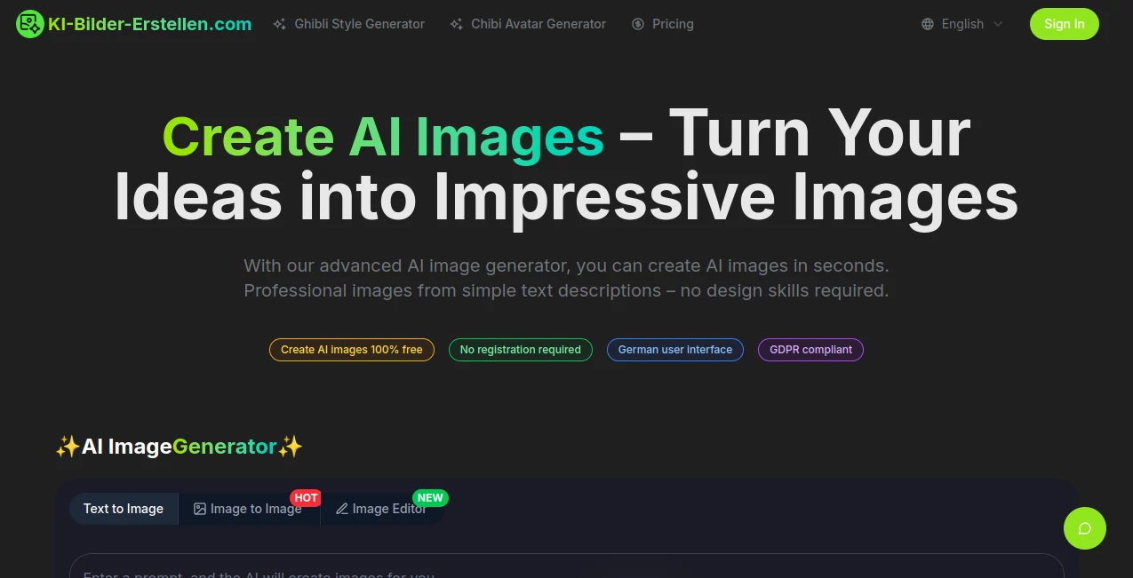Screenshot of KI-Bilder-Erstellen.com – An AI tool in the ,AI Photo & Image Generator ,AI Art Generator ,AI Design Generator ,AI Text to Image  category, showcasing its interface and key features.