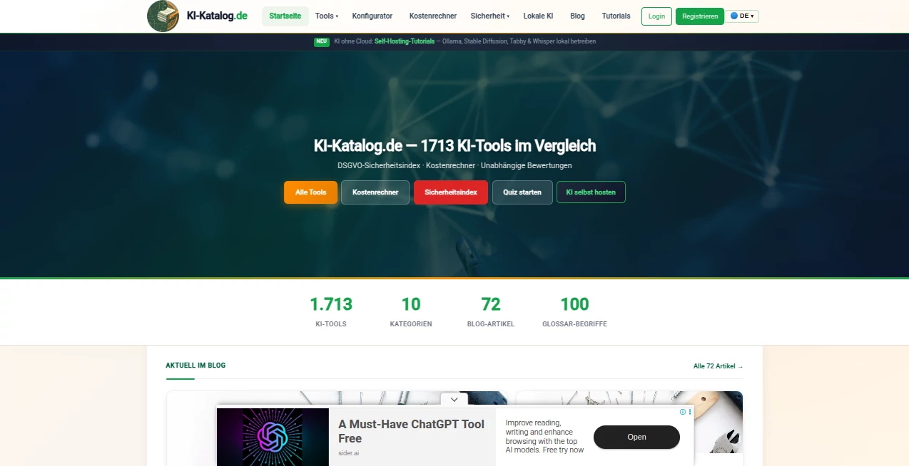 Screenshot of KI-Katalog.de – An AI tool in the ,AI Tools Directory  category, showcasing its interface and key features.