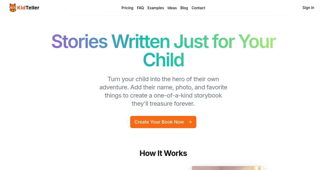 Screenshot of KidTeller – An AI tool in the ,AI Creative Writing ,AI Parenting ,AI Gift Ideas ,AI Story Writing  category, showcasing its interface and key features.