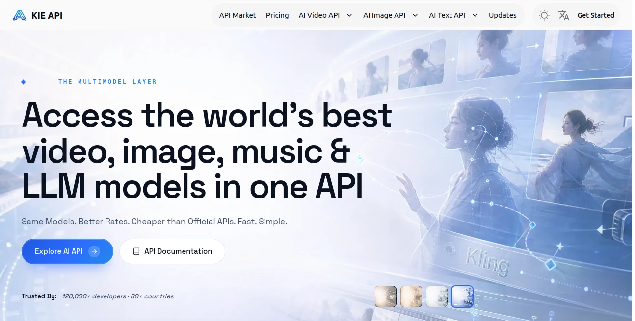 Screenshot of KIE API – An AI tool in the ,AI Video Generator ,AI API Design ,AI Developer Tools ,Large Language Models (LLMs)  category, showcasing its interface and key features.