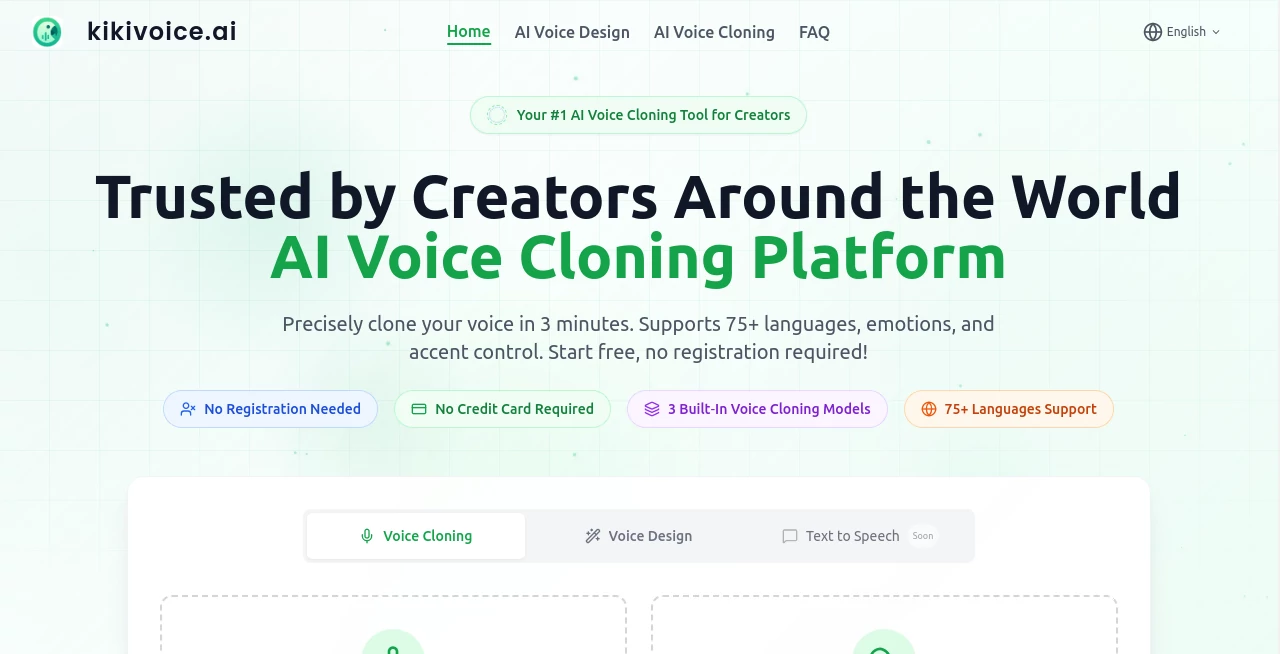 Screenshot of kikivoice.ai – An AI tool in the ,AI Text to Speech ,AI Voice & Audio Editing ,AI Voice Cloning ,AI Celebrity Voice Generator  category, showcasing its interface and key features.