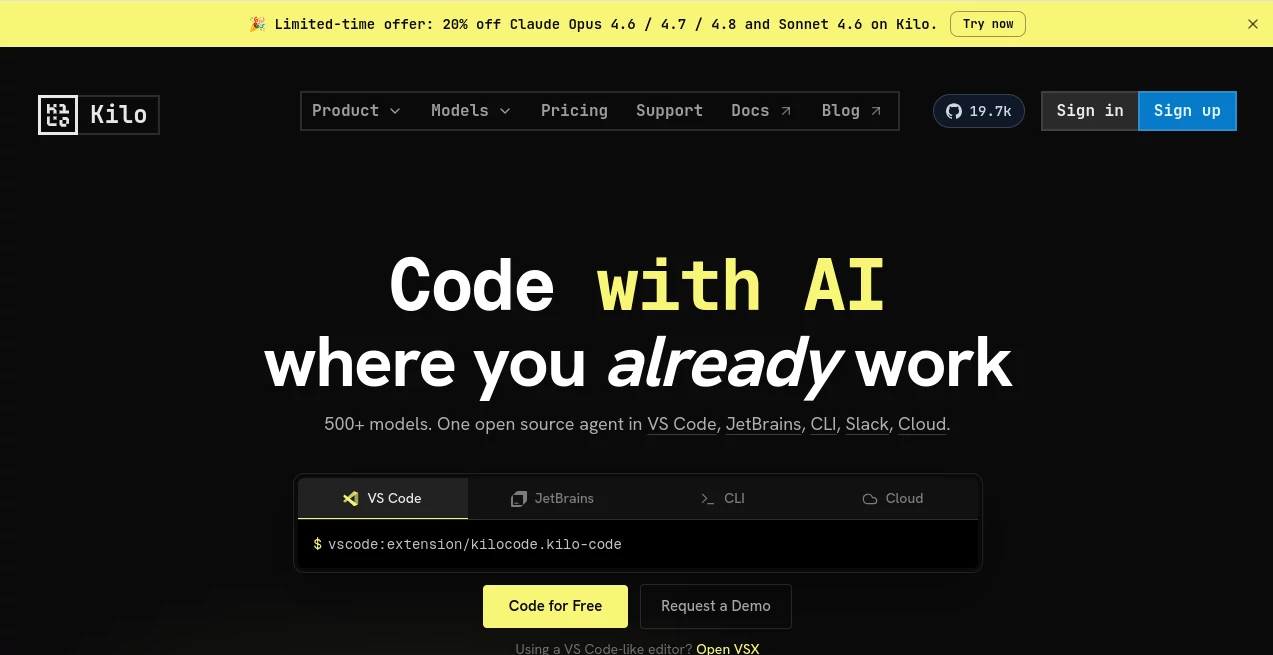 Screenshot of Kilo AI – An AI tool in the ,AI Code Assistant ,AI Code Generator ,AI Developer Docs ,AI Developer Tools  category, showcasing its interface and key features.