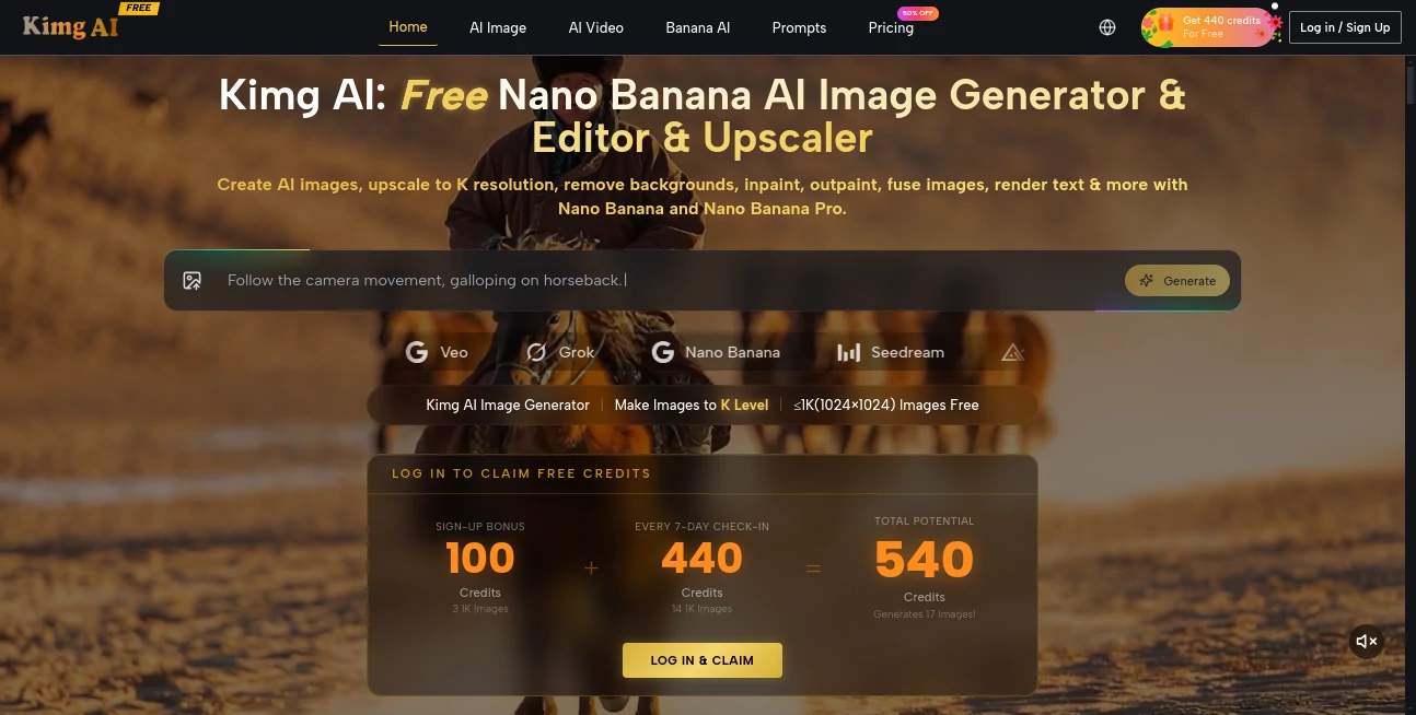 Screenshot of Kimg AI – An AI tool in the ,AI Photo & Image Generator ,AI Photo Enhancer ,AI Image to Image ,AI Image to Video  category, showcasing its interface and key features.