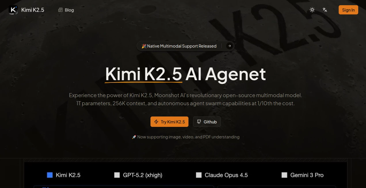 Screenshot of Kimi K2.5 – An AI tool in the ,Large Language Models (LLMs) ,AI Research Tool ,AI Code Generator ,AI Developer Tools  category, showcasing its interface and key features.