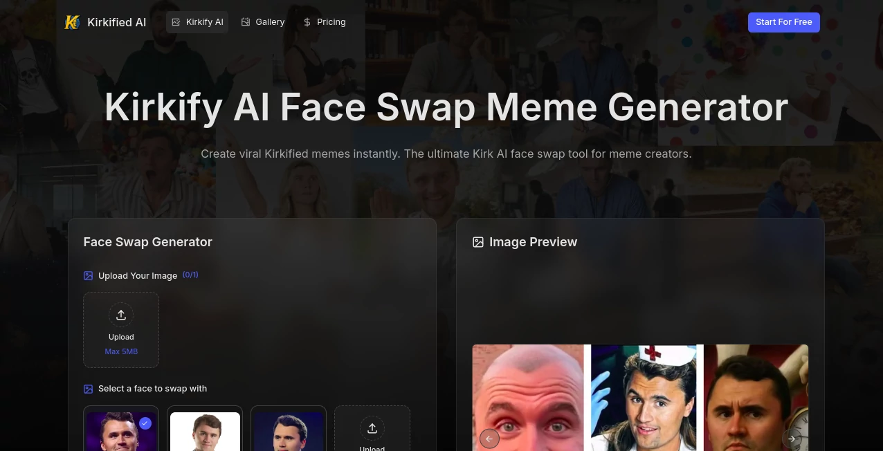 Screenshot of Kirkify – An AI tool in the ,AI Fun Tools ,Photo & Image Editor ,AI Face Swap Generator ,AI Image to Image  category, showcasing its interface and key features.
