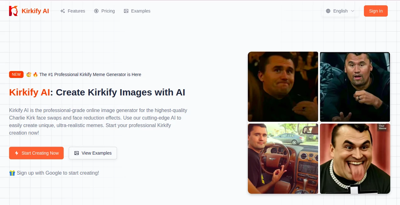 Screenshot of Kirkify AI – An AI tool in the ,Photo & Image Editor ,AI Image to Image ,AI Face Swap Generator ,AI Fun Tools  category, showcasing its interface and key features.